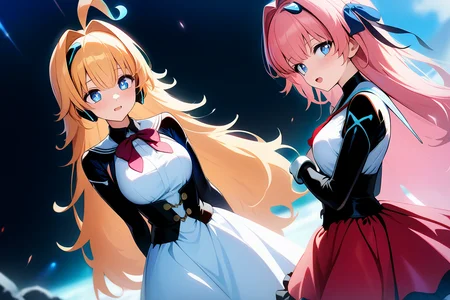 2girls,
<lora:llmy>,1girl,blonde hair,streaked hair,blue eyes,ahoge,long hair,
<lora:lishenna:0.8>,1girl,pink hair,blue eyes,dress,hair ribbon,, ((masterpiece)), ((high quality))best quality, (extremely detailed CG:1.2),