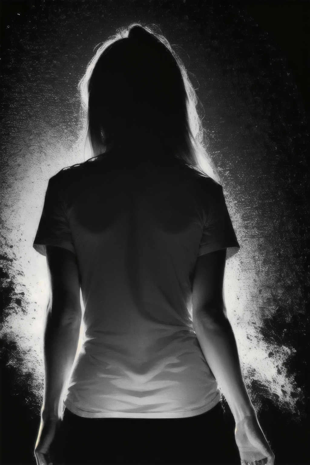 (Realisitc:1.5) (view from back) EdobShadow a woman in the dark, Standing with one hand on hip and other arm extended up and over head, (black background:1.3) <lora:EdobShadow_v1.0:1>