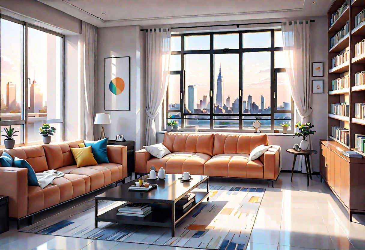 ((front view)), Shallow scene, ((animation style)), modern-style interior, with white walls, (large windows), a  study, Sofa, coffee table, bookcase, single wall, 
warm light morning sun, (City high-rise building scenery)