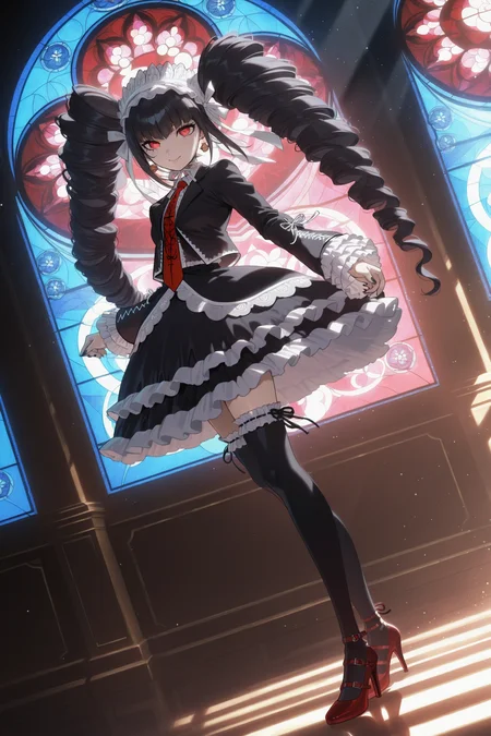 anime screencap, masterpiece, best quality, amazing quality, very aesthetic, absurdres,  newest, (scenery, volumetric lighting),
celestia ludenberg, 1girl, solo, long hair, looking at viewer, smile, bangs, black hair, red eyes, long sleeves, black skirt, frilled skirt, frilled sleeves, twintails, heart, frills, print necktie, black thighhighs, high heels, drill hair, black nails, twin drills, gothic fashion, bonnet, playing card, stained glass, red footwear, frilled thighhighs, black jacket, dutch angle, dappled sunlight, light particles, light particles,
<lora:Celestia_IL:0.8>