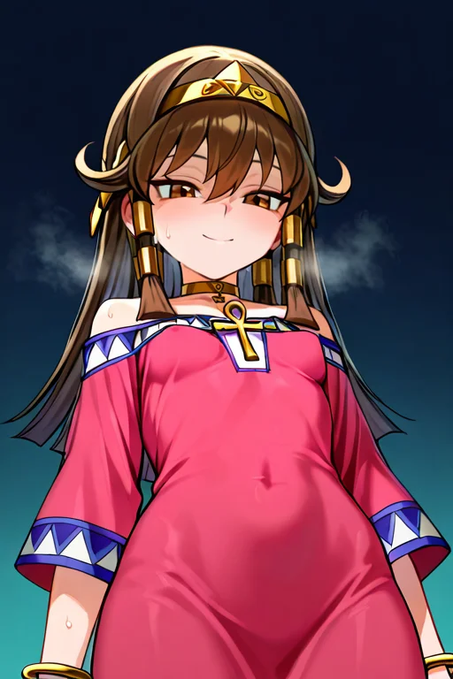 masterpiece, High quality, Ultra detailed, 2d, newest, absurdres, highres, BREAK
1girl, solo, egyptian, <lora:sera:0.8>, sera_(yu-gi-oh!), long hair, brown hair, sidelocks, hairband, hair tubes, jewelry, hair between eyes, brown eyes, choker,
small breasts, seradef, off-shoulder dress, dress, ankh, bracelet,
from below, smile, narrowed eyes, sweat, steam,