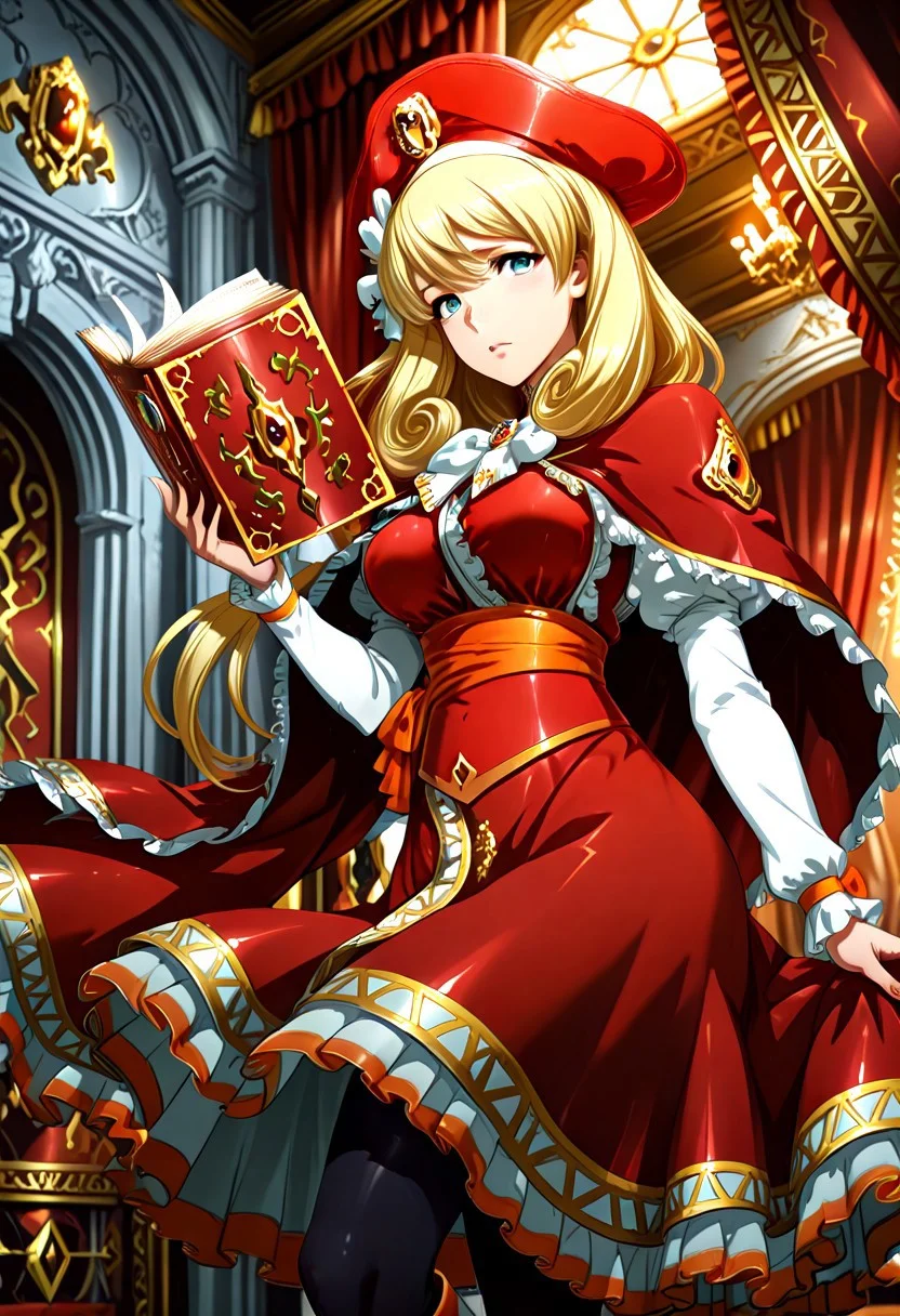 diamondMW ,countless diamonds,
Smooth Quality, score_9, score_8_up, score_7_up, source_anime, masterpiece, best quality, amazing quality, very aesthetic, high resolution, ultra-detailed, beautiful eyes, absurdres, scenery, depth of field, volumetric lighting, dynamic angle,
1girl,rechel,blonde hair,green eyes,white headband,r_hat,r_clothes,red cape,red dress,black_pantyhose,r_book,
b4ckst4g3, backstage, curtains, scaffolding, indoors,