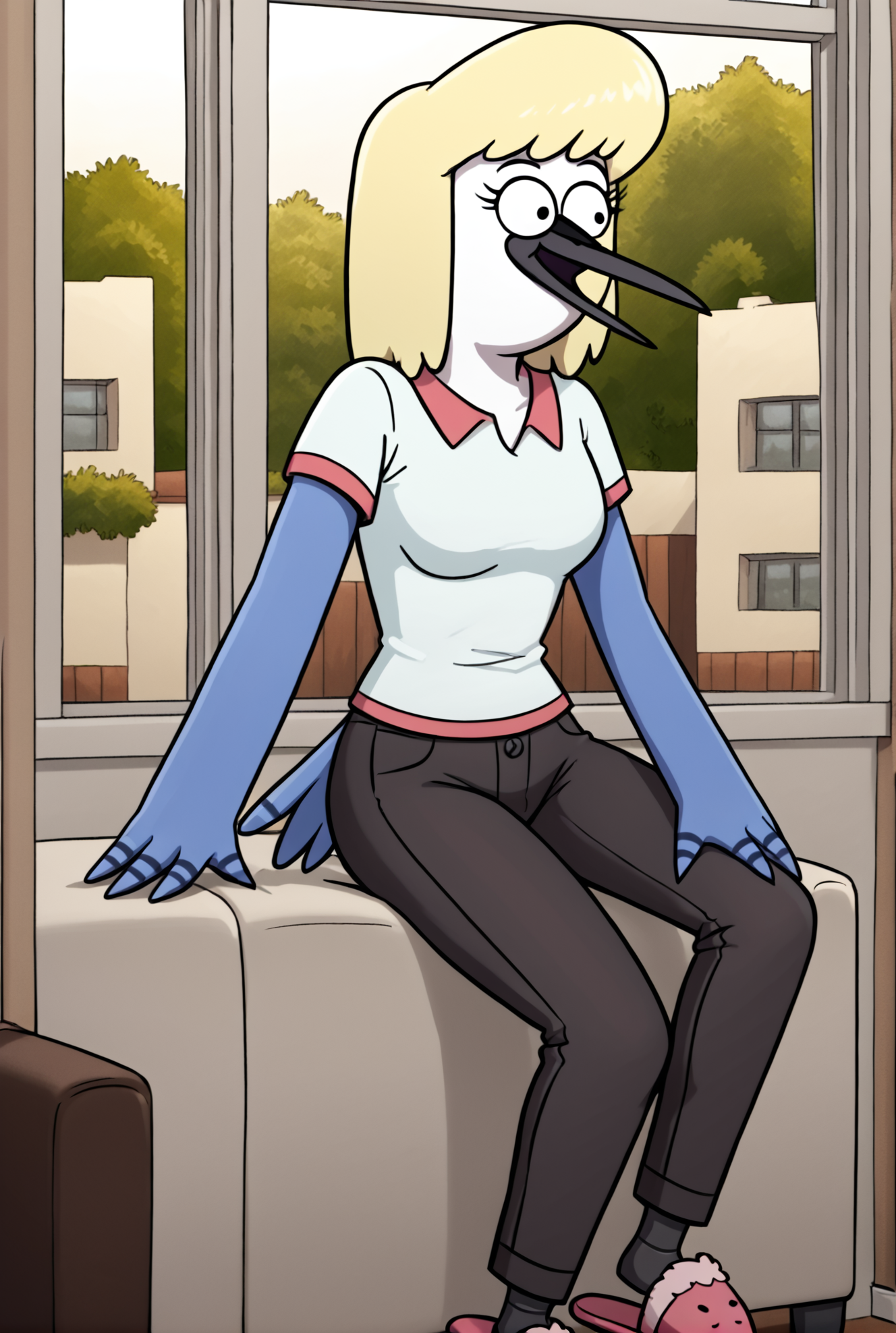 score_9, score_8_up, score_8,
 <lora:Hilary_Regular_Show_for_PonyXL:0.8> 1girl, furry female, h1l4ry, blonde hair, avian, solo, shirt, colored skin, pants, tail
parody, source_cartoon,
sitting on couch, living room, window, blouse, slippers, black pants, smile,