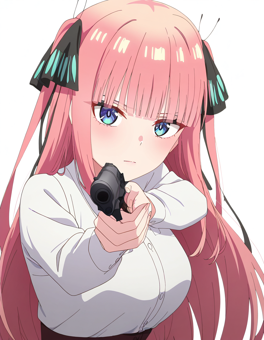 masterpiece, best quality, newest, absurdres, highres, safe,, <lora:nnakano-s2-ponyxl-lora-nochekaiser:1>, long hair, bangs, blue eyes, hair ornament, hair ribbon, pink hair, blunt bangs, two side up, butterfly hair ornament, large breasts, anime screencap, <lora:center-axis-relock-stance-illustriousxl-lora-nochekaiser:1>, center axis relock stance, looking at viewer, holding, closed mouth, weapon, holding weapon, gun, holding gun, handgun, aiming, finger on trigger, aiming at viewer, m1911,, ,