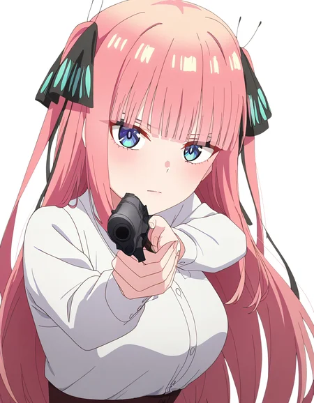masterpiece, best quality, newest, absurdres, highres, safe,, <lora:nnakano-s2-ponyxl-lora-nochekaiser:1>, long hair, bangs, blue eyes, hair ornament, hair ribbon, pink hair, blunt bangs, two side up, butterfly hair ornament, large breasts, anime screencap, <lora:center-axis-relock-stance-illustriousxl-lora-nochekaiser:1>, center axis relock stance, looking at viewer, holding, closed mouth, weapon, holding weapon, gun, holding gun, handgun, aiming, finger on trigger, aiming at viewer, m1911,, ,