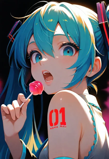 1girl, hatsune_miku, bare shoulders, number tattoo, teeth, lips, thin lips, narrow mouth, solo, looking at viewer, open mouth, holding lollipop, chupa chups, upper body, from below, back lighting, dark, multicolored background, colorful, masterpiece, best quality, very aesthetic