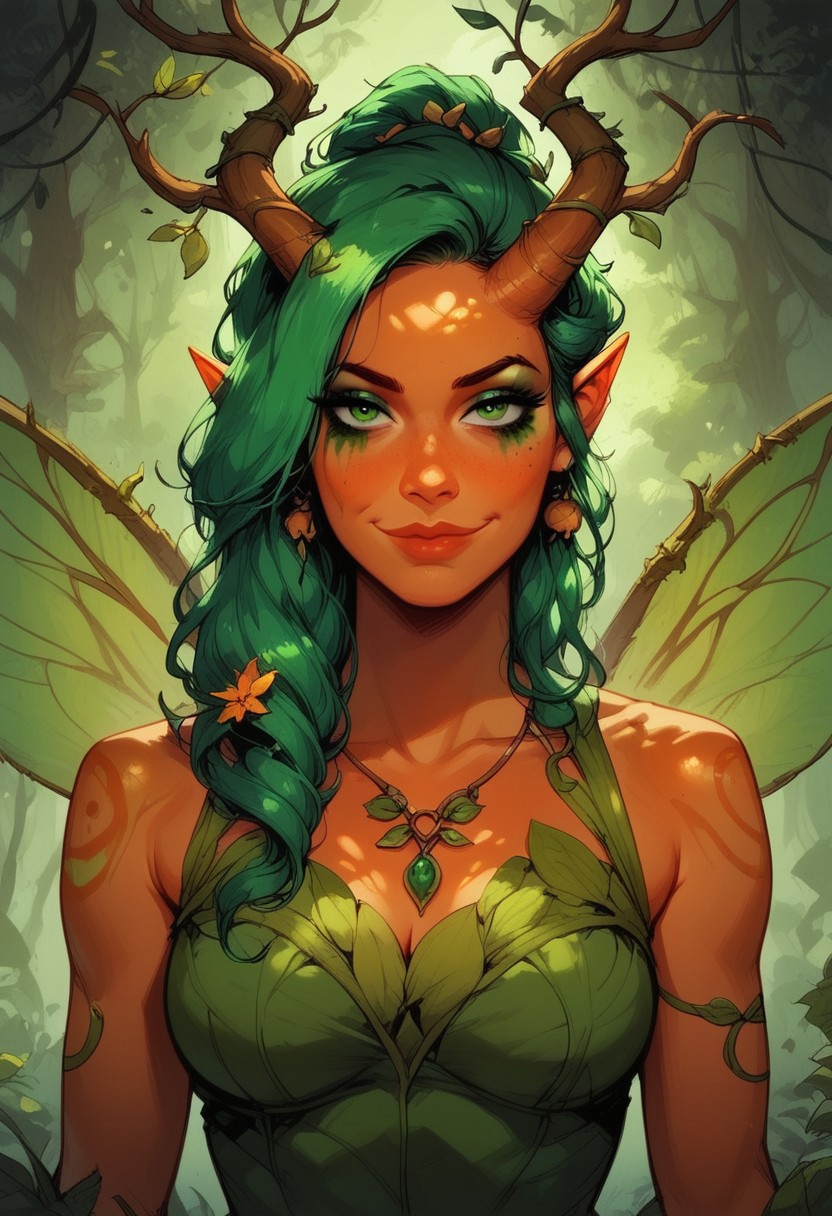 score_9, score_8_up, score_7_up, BREAK, 1woman cowboy-shot, dramatic lights ((Ifairy, dryad, orange skin, orange colored skin, green hair, leaves in hair, butterfly wings, colorfull wings, colorfull, antles, horns, wooden horns, happy, joyfull, closed mouth, smile, smug, green eyes, green makeup, heavy makeup, facepaint, green eyeliner, green mascara,))
