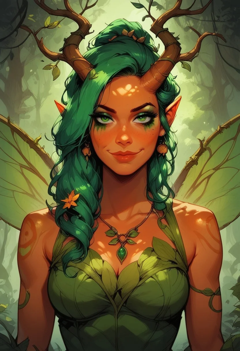 score_9, score_8_up, score_7_up, BREAK, 1woman cowboy-shot, dramatic lights ((Ifairy, dryad, orange skin, orange colored skin, green hair, leaves in hair, butterfly wings, colorfull wings, colorfull, antles, horns, wooden horns, happy, joyfull, closed mouth, smile, smug, green eyes, green makeup, heavy makeup, facepaint, green eyeliner, green mascara,))