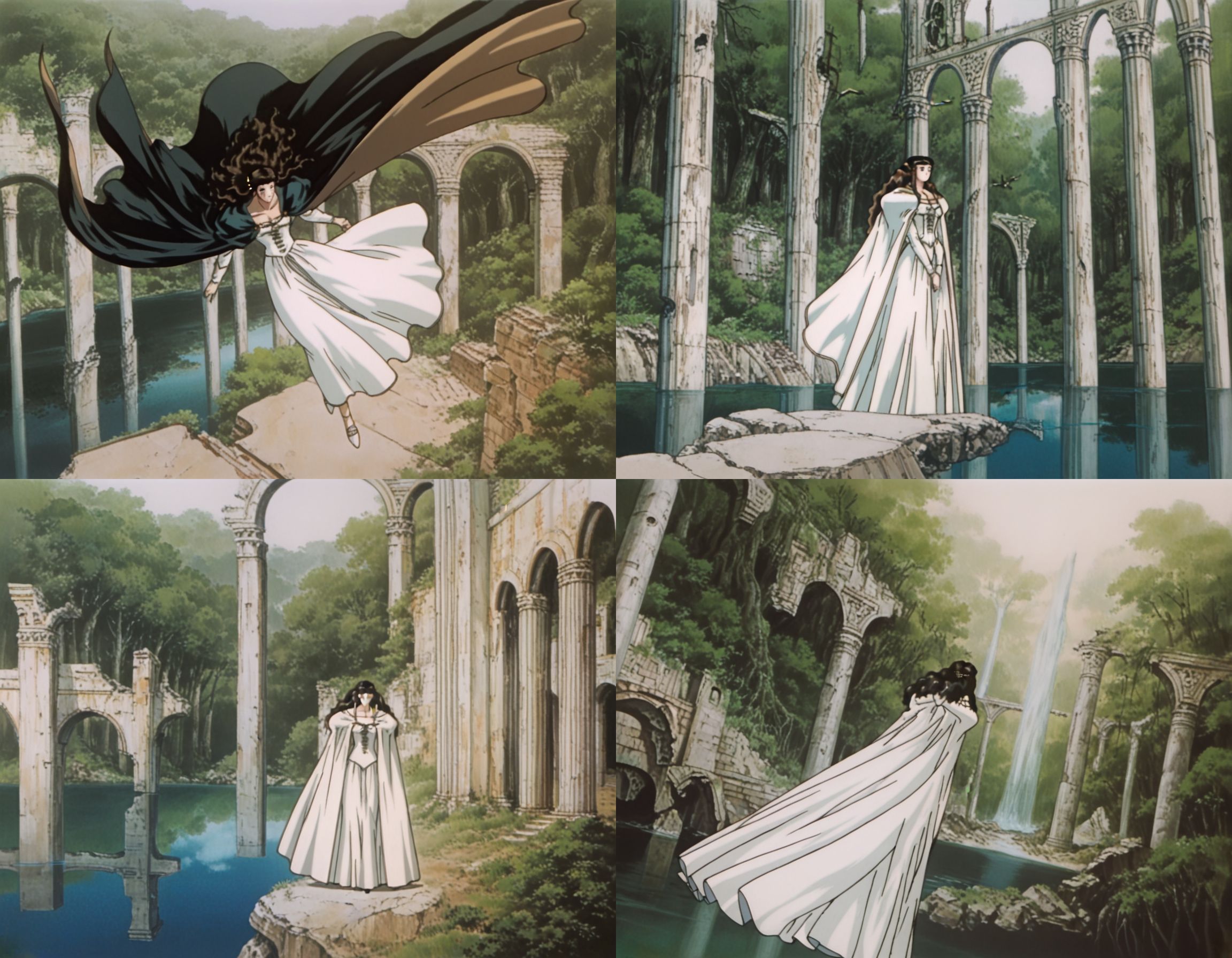 best quality, highres, absurdres, (traditional media, refined digital media \(artwork\):0.6),  masterpiece, anime screenshot, 1990s (style),
(artist: sabu \(sabudenego\):0.6),universal portrait, angle, dynamic, perspective, solo,
charlotte elbourne \(vampire hunter d\), 1girl,  outdoors, dress, cape, white dress, long hair, black hair, long dress, forest, ruins, nature, water,
 <lora:Vampire Hunter D Illustrious-step00000700:0.9>