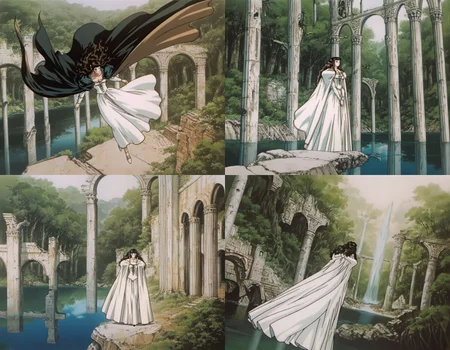 best quality, highres, absurdres, (traditional media, refined digital media \(artwork\):0.6),  masterpiece, anime screenshot, 1990s (style),
(artist: sabu \(sabudenego\):0.6),universal portrait, angle, dynamic, perspective, solo,
charlotte elbourne \(vampire hunter d\), 1girl,  outdoors, dress, cape, white dress, long hair, black hair, long dress, forest, ruins, nature, water,
 <lora:Vampire Hunter D Illustrious-step00000700:0.9>