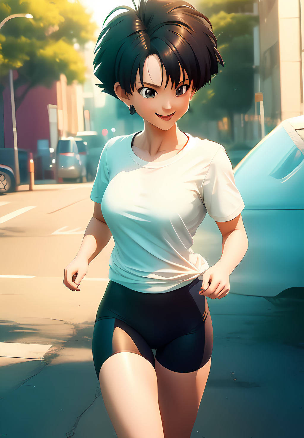 <lora:Videl:0.8>, Videl, 1girl, solo, smile, white shirt, bike shorts, short hair, messy hair, (acclaimed, alluring, captivating, exciting, gorgeous, striking:1.3), (trending on CGSociety, trending on pixiv, contest winner:1.3)