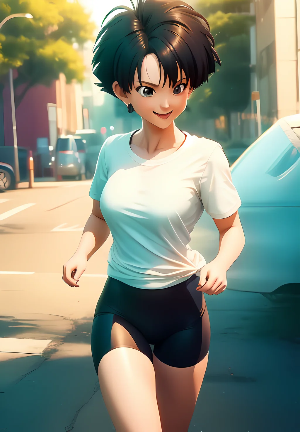 <lora:Videl:0.8>, Videl, 1girl, solo, smile, white shirt, bike shorts, short hair, messy hair, (acclaimed, alluring, captivating, exciting, gorgeous, striking:1.3), (trending on CGSociety, trending on pixiv, contest winner:1.3)