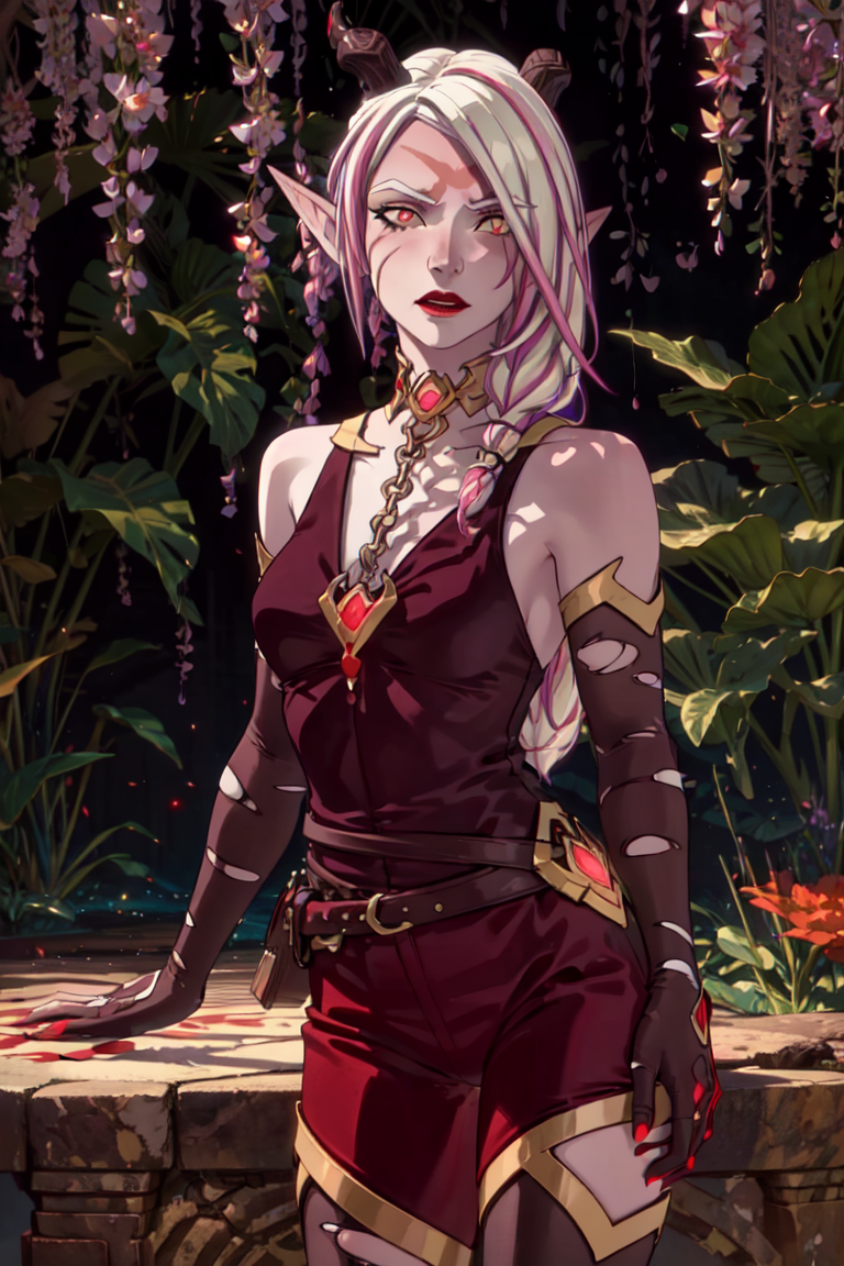 Bloodmoon Huntress, elf, horns, one broken horn, red background, blood floating around subject, red magic, dark room, (realistic:1.2), (masterpiece:1.2), (full-body-shot:1),(Cowboy-shot:1.2), dark romantic lighting, (highly detailed:1.2), (detailed face:1.2), (gradients), colorful, detailed eyes, (natural lighting:1.2), solo, <lora:add_detail:0.3> <lora:DragonPrince_BloodmoonHuntress-10:0.7> <lora:BeautifulEyes:0.3>