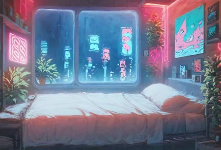 score_9,score_8_up,score_7_up,score_6_up,
steaming coffee cup on windowsill, plants on the windowsill, wall of plants, monstera plant, large plant, tidy bedrrom, small room, cramped bedroom, teddies on the bed, cyberpunk city view out of the window, neon light, purple neon lights, posters, posters on the wall, anime posters, lewd posters, anime girls on the poster