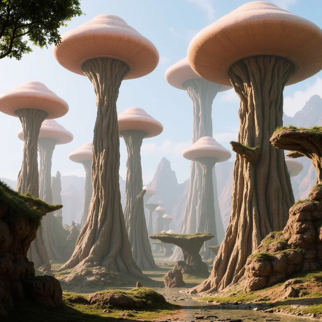 The image is a highly detailed, CGI-rendered scene depicting an alien landscape. The scene is set in a fantastical, otherworldly environment characterized by towering, mushroom-like structures with bulbous, glowing caps. These structures, likely alien plants or fungi, are the dominant features of the landscape. They vary in height, with some reaching high into the sky while others are more grounded, their trunks thick and gnarled, covered in rough, earthy textures.