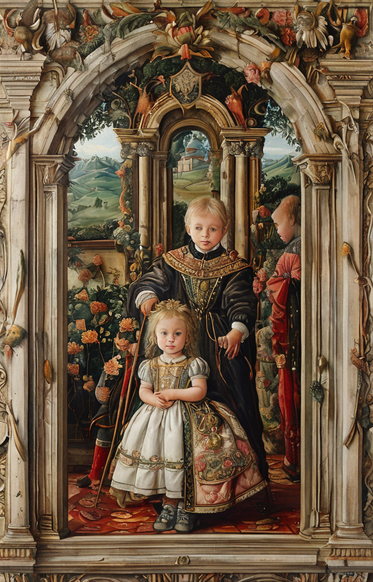 masterpiece,best quality,<lora:tbh167-sdxl:1>,illustration,style of Carlo Crivelli, portrait of family