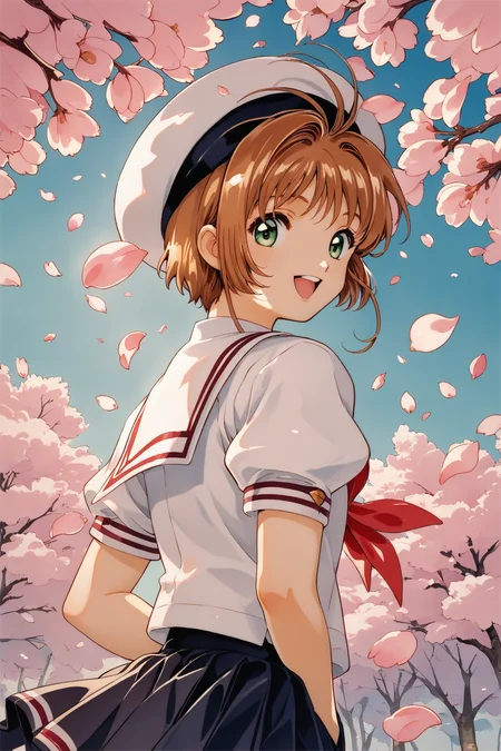 score_9,score_8_up,score_7_up,masterpiece,best quality,
Card Captor Sakura,
1girl,kinomoto sakura,solo,tomoeda elementary school uniform,green eyes,brown hair,skirt,school uniform,open mouth,hat,short sleeves,short hair,looking at viewer,smile,petals,puffy sleeves,black skirt,puffy short sleeves,antenna hair,white headwear,looking back,cherry blossoms,sailor collar,:d,white shirt,shirt,bangs,arms behind back,traditional media,
<lora:mix_XL_PONY:0.9>,