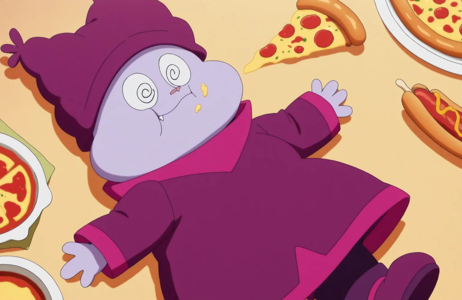 masterpiece, high quality, best quality, newest, chwdr, 1girl, kitchen, animal nose, fang, purple skin, beanie, purple coat, from above, on floor, lying, on back, covered in food, food on face, plump, pizza, pizza slice, hot dog, stew, @_@ <lora:ChowderNEWIlluV1:1> <lora:anime_screencap-Illustrious:1> anime screencap, anime coloring