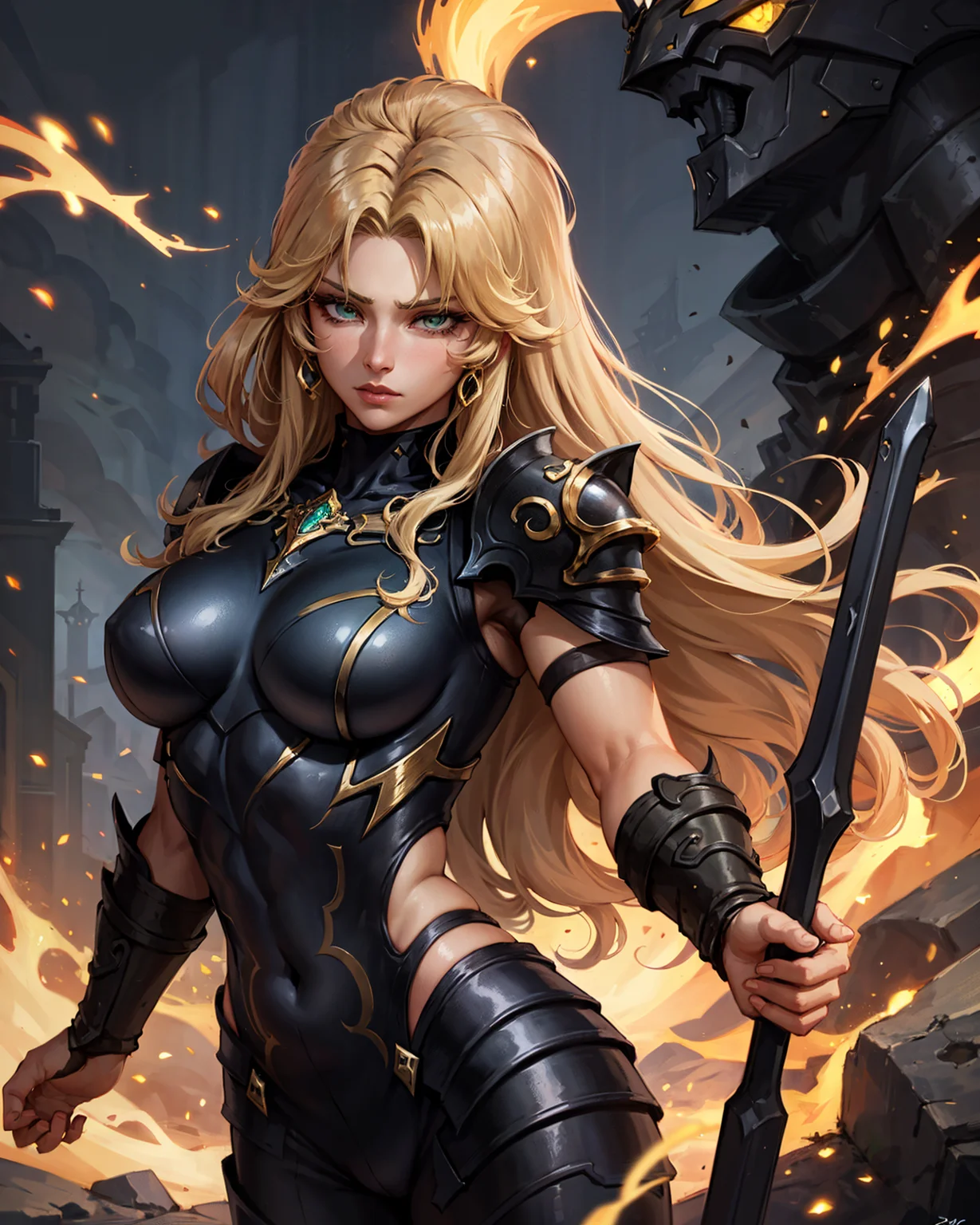 (1girl), wearing a heavy knight armor, dark armor, intricate black and gold armor details, intricate beautiful green fields, legendary, futuristic, saint seiya, long blonde hair, muscular, power pose, highly detailed background, fire in the eyes, aura power, highly detailed