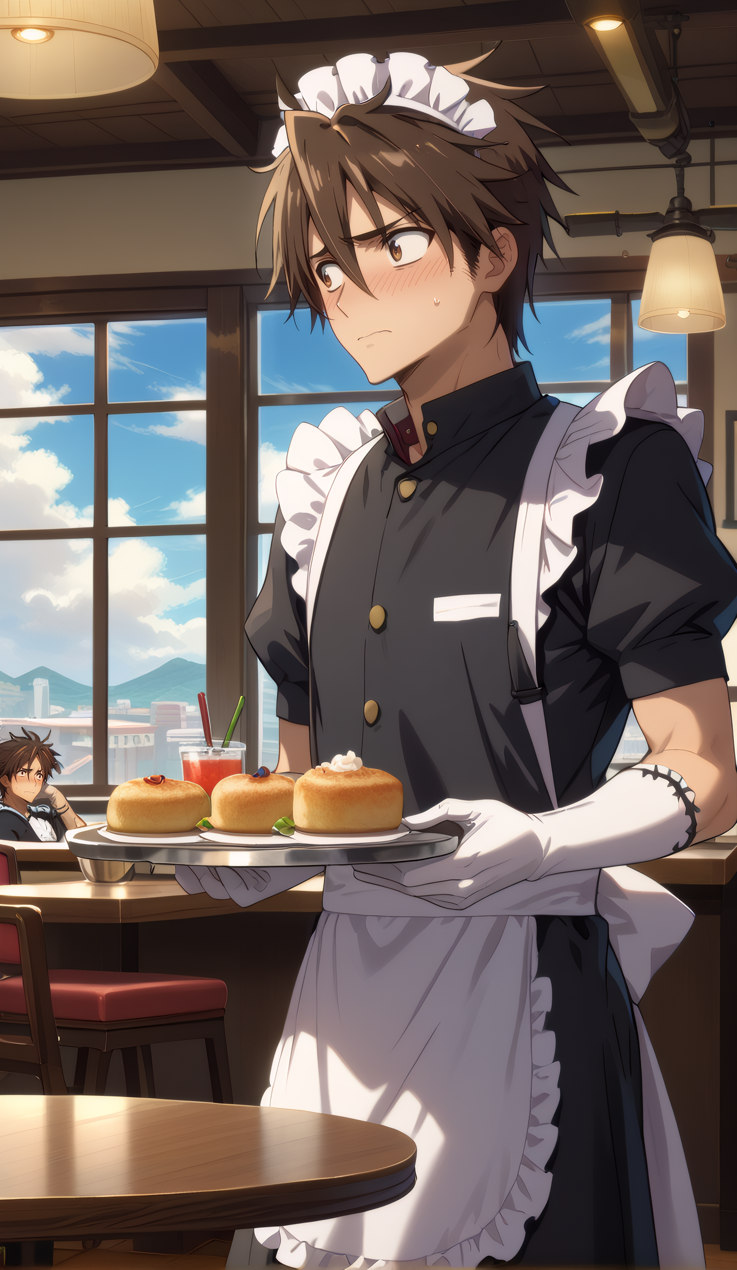 score_9, score_8_up, score_7_up, mature male, looking to the side, cowboy shot, 
<lora:Takashi_Komuro_Dwnsty:1>, takashi_komuro, brown hair, brown eyes, hair between eyes,maid headdress, maid apron, male maid, black dress, white gloves, elbow gloves, white thighhighs, 
embarrassed, blush, holding tray,
indoors, cafe, table, chair, window, cloudy sky,