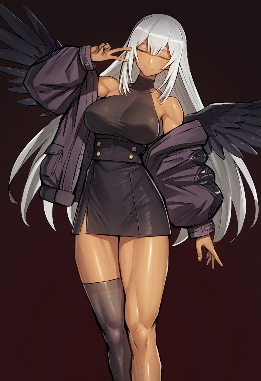 melon22styleil, best quality, masterpiece, hires, solo, 1girl, closed eyes, lips, smile, grey hair, pose, v, grey brown dark-skinned female, bare shoulders, baggy jacket, black feather wings, high-waist_skirt, bare legs, asymmetrical thigh-highs