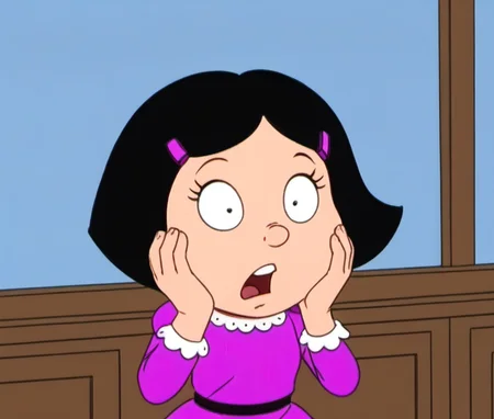 1girl, solo, Prulm, black hair, short hair, purple dress, hair ornament, parody, hands on face, surprised, looking at viewer, cute, upper body, <lora:Prulm:1>,
