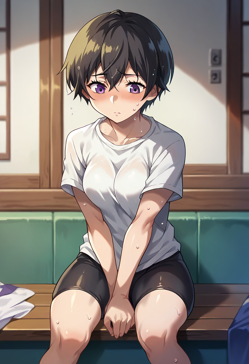 score_9, score_8_up, score_7_up, source_anime, masterpiece, 1girl, ctianritsu, medium breasts, shiny hair, black hair, purple eyes, sitting, indoors, white t-shirt, sweat, bike shorts,   <lora:Ritsu_pony_ct:1.>