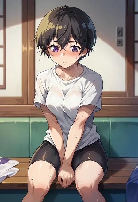 score_9, score_8_up, score_7_up, source_anime, masterpiece, 1girl, ctianritsu, medium breasts, shiny hair, black hair, purple eyes, sitting, indoors, white t-shirt, sweat, bike shorts, <lora:Ritsu_pony_ct:1.>