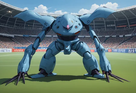 score_9, score_8_up, score_7_up, source_anime, front view, BREAK,  ( hygogg, blue_hygogg_armor, pink monoeye, from side, looking at viewer, long arms, very long arms, long claws) 1mech, blue mech, striped armor, wide mech, large shoulders, large shoulder armor, mech focus, standing, solo, BREAK, two arms, fence, soccer field, (soccer goal, soccer balls),