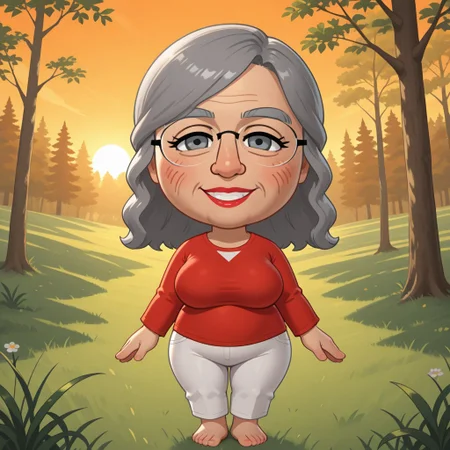 score_9, score_8, BREAK, solo, wii, mii, wii sports, 1girl, female mii, old woman, gray hair, gray eyebrows, gray eyes, blush, red lips, lipstick, teeth, red clothing, white pants, barefoot, JoanaWSC, cute, breasts, nintendo mii, modern_mii, classic_mii, tall, adult female, mature female, big breasts, sexy pose, self portrait, smile, looking at viewer, outdoors, sunlight, shadows, evening lighting, natural lighting, forest, trees, grass, orange sky, sunset