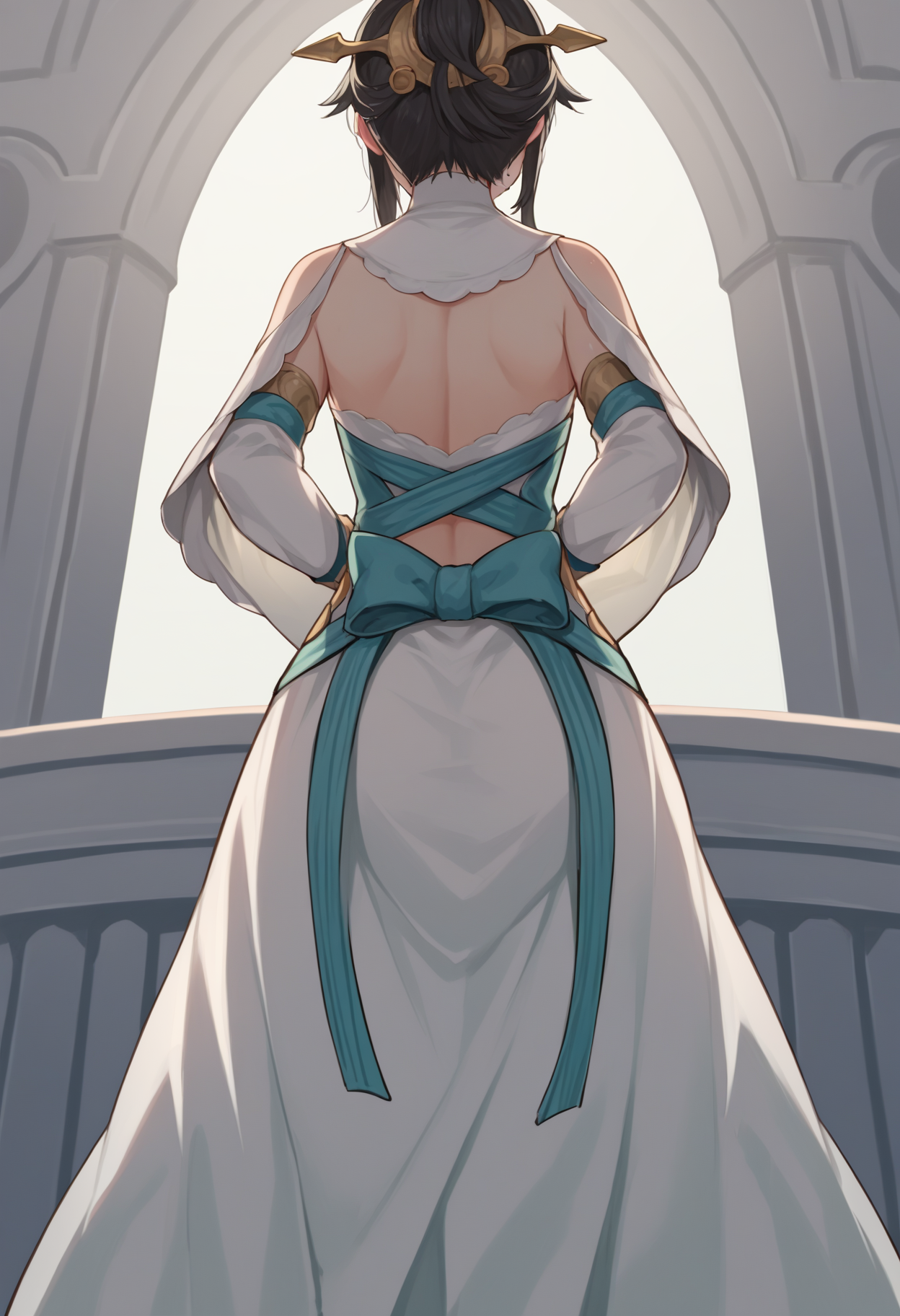 score_9, score_7_up, source_anime, uncensored, 1girl,
<lora:spfequeenMikotoXLPony:1> mikotocr, mole under mouth, hair ornament, white dress, detached sleeves, from behind, from below,standing, arms behind back