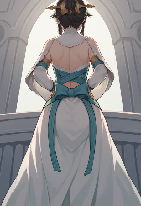 score_9, score_7_up, source_anime, uncensored, 1girl,
<lora:spfequeenMikotoXLPony:1> mikotocr, mole under mouth, hair ornament, white dress, detached sleeves, from behind, from below,standing, arms behind back