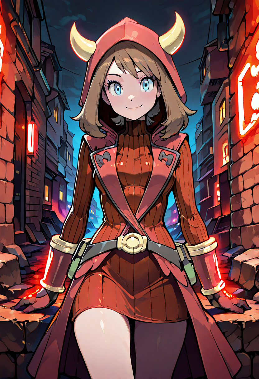 masterpiece, best quality, 1girl, solo, eyelashes, (beautiful eyes), smile, looking at viewer,   zzMayMagCitron, blue eyes, brown hair, medium hair, red dress, red gloves, hood up, fake horns, ribbed dress, city alley, glowing sigils on brick walls, neon glow, shadowy presence. In a neon-lit alleyway, zzMayMagCitron traces glowing sigils onto the wall with her glove, her hood hiding her face except for a sharp, confident smile.  <lora:MayMagmaPokemonCitron_IXL:1.0>,