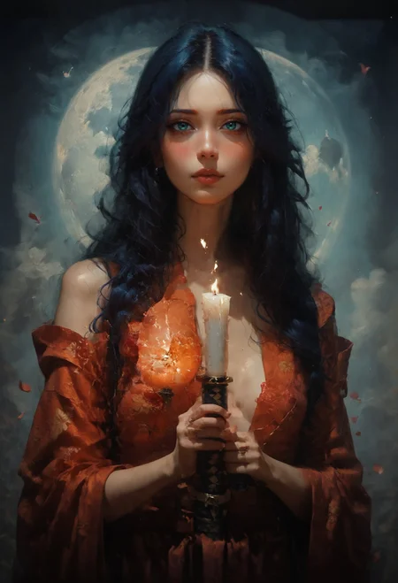 score_9, score_8_up, score_7_up,    1girl wearing a red floral kimono, holding a katana, perfect curves, suggestive pose, romantic, solo, detailed eyes, looking at viewer, beautiful, looking at viewer, green eyes, sultry look, medium breasts, fantasy, from front, romantic, orange skies, orange moon, sakura petals (blue hair, long hair:1.2), pronounced blush,   <lora:Concept Art Twilight Style SDXL_LoRA_Pony Diffusion V6 XL:0.8> concept art,  <lora:Expressive_H-000001:0.8> expressiveH  <lora:sinfully_stylish_SDXL> <lora:d4rk01lXLP:0.7> d4rk01l