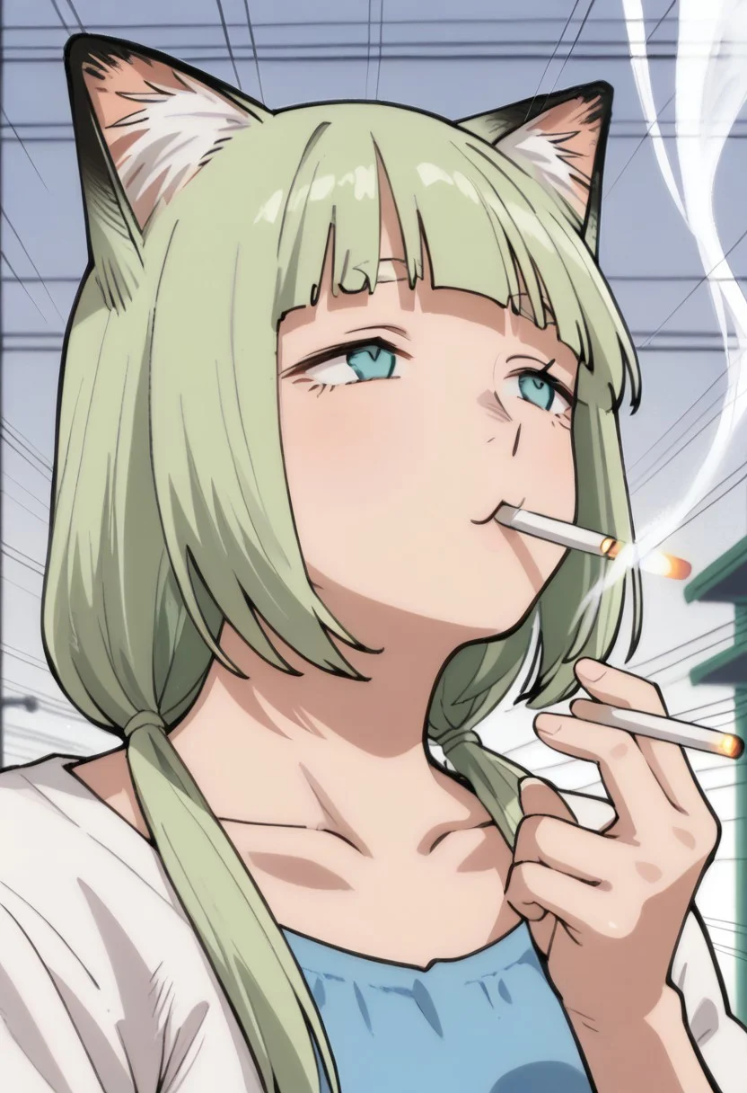 shizue, animal ears, 1girl, solo, cat ears, smoke, :3, cat ears, smoking, emphasis lines, bangs, blunt bangs, looking up, cigarette, light green hair,
