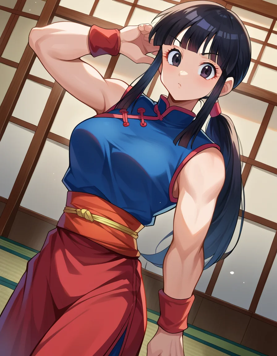 score_9, score_8_up, score_7_up, source_anime,
dragonballchichi, <lora:dragonball-chichi-ponyxl-lora-nochekaiser:1>,
chi chi, black eyes, black hair, long hair, hime cut, blunt bangs, sidelocks,
bare arms, blue dress, china dress, chinese clothes, dress, high collar, obi, pants, ponytail, red pants, red sash, red wristband, sash, side slit, sleeveless, sleeveless dress, wristband,
indoors, dojo,
looking at viewer, dutch angle, cowboy shot,