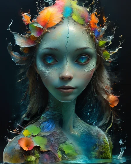 beautiful female anthropomorphic transparent water elemental emerging from a pool of water, colorful organic bioluminescent patterns, hauntingly beautiful, hyperrealistic, ultra resolution, professional photo, Jean-Baptiste Monge Style page carved inside <lora:add-detail-xl:0.8> <lora:xl_more_art-full_v1:0.5> <lora:Jean-Baptiste Monge Style:0.6>