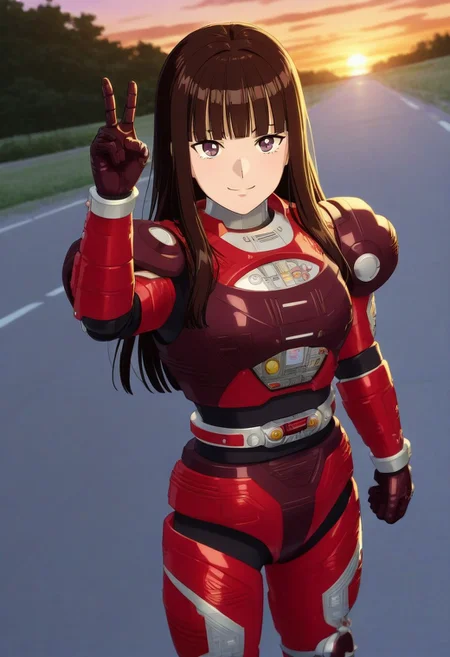 anime screencap, anime coloring,
solo, 1girl, cowboy shot,from above, dutch angle,
dark hair, long hair, blunt bangs dark eyes looking at viewer, medium breasts, smile, (covered neck), BREAK
r3ddle, robot, solo, armor, bodysuit, belt, gloves, v sign hand,
outdoors, road, sunset, dramatic lighting