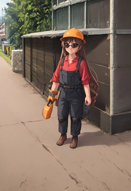 score_9, score_8_up, score_7_up, score_6_up, high resolution, gorgeous, absurdres, best quality, anime screencap, source_anime, Expressiveh, 1girl, outdoors, daytime, shiki 1_style, suiseiseki, def, hardhat, sunglasses, single glove, redengie, red shirt, overalls, solo, brown hair, twin drills, heterochromia