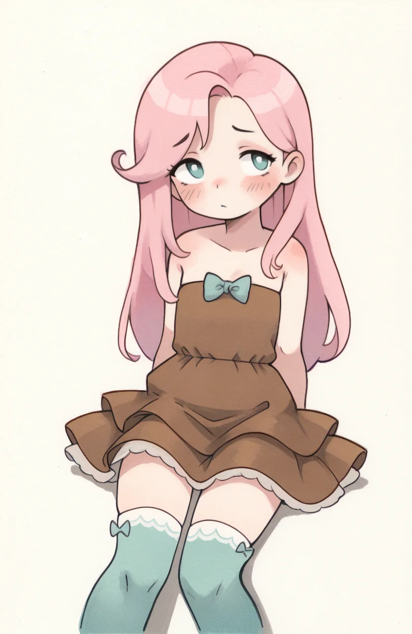 1girl, solo, <lora:qtkat:0.9> qtkat, traditional media, watercolor \(medium\),
fluttershy \(mlp\), brown dress shirt, white layered skirt, strapless dress, aqua bow legwear thighhighs, orange asics, sitting, slumped shoulders, somber gaze, gentle sadness, muted tone, extremely detailed, highres, masterpiece, best quality