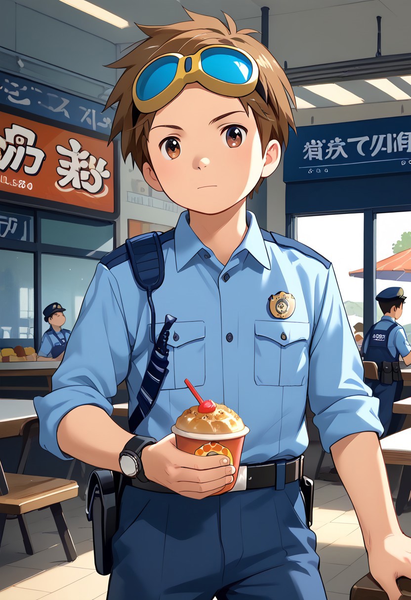 score_9, score_8_up, score_7_up, zPDXL2, 
,
1boy, solo, goggles on head, brown hair, male Japanese Summer Police Uniform,light-blue collared shirt, rank slides,hip holster,sleeves rolled up,Walkie-Talkie,Japanese police emblem
Fast Food Restaurant