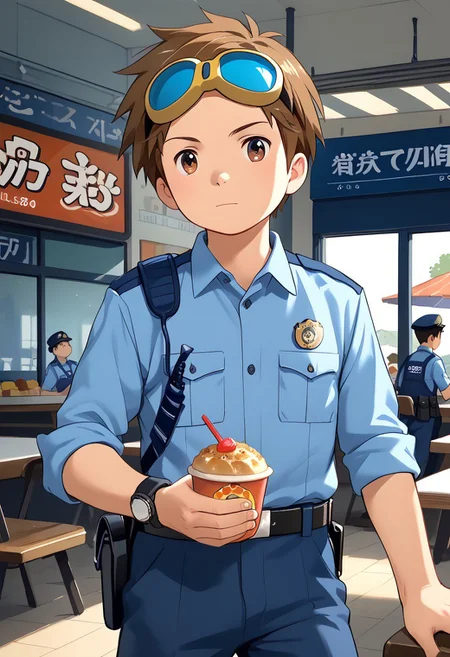 score_9, score_8_up, score_7_up, zPDXL2,
,
1boy, solo, goggles on head, brown hair, male Japanese Summer Police Uniform,light-blue collared shirt, rank slides,hip holster,sleeves rolled up,Walkie-Talkie,Japanese police emblem
Fast Food Restaurant