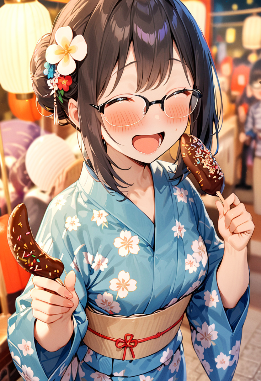 masterpiece, best quality, very aesthetic, absurdres,
chocolate banana, 1girl, solo, glasses, black hair, food, long hair, blush, holding, holding food, yukata, floral print, hair ornament, hair flower, hair bun, uchiwa, paper fan, paper lantern, night, blurry background, happy, laughing,  
<lora:chocolate_banana_SDXL_V1:1>