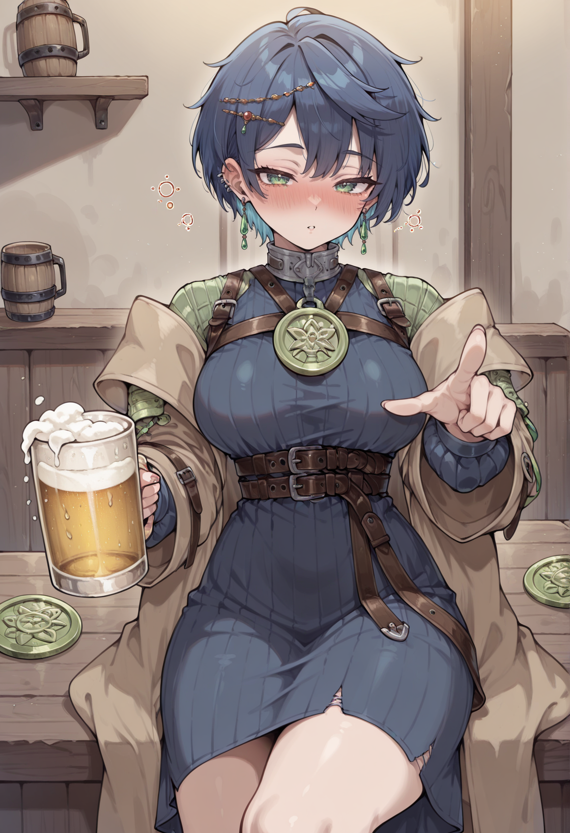 1girl, short hair, blue hair, hair ornament, earrings, jewelry, green eyes, high collar, medallion, harness, belt, blue dress, brown coat, sitting, indoors, holding beer mug, drunk, pointing at viewer <lora:Layna_Illus_tutorial:0.8>, masterpiece, best quality, amazing quality, very aesthetic, absurdres, highres, newest