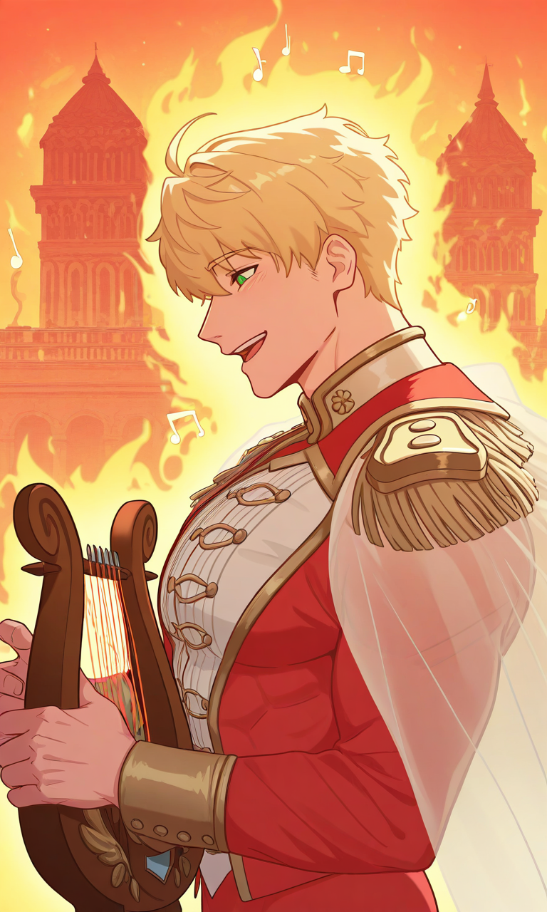 (best quality), (amazing quality), (masterpiece), (high res), (high quality), ((8k)), (intricate details), (detailed), (perfect anatomy), (smooth lines), (clean lineart), (vibrant colors), (soft shading), burning city, burning greco-roman architecture, portrait, 
BREAK NeroAugustus, 1boy, green eyes, short hair, blonde hair, ahoge, red suit, laughing, playing instrument, ((playing lyre)), sheer cape, epaulettes, smile, unfocused eyes, muscular male, from side, music note,