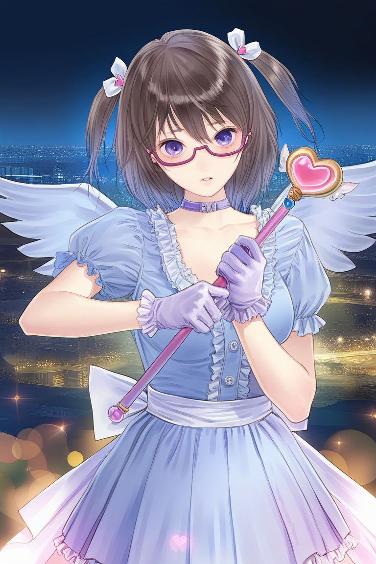 masterpiece,best quality,amazing quality,absurdres, aesthetic,newest,impractical,ultra detail,
artist:kishida mel,
tsukushi \(doa\),1gril,solo,bob cut, hair between eyes, messy hair,glasses, under-rim eyewear, semi-rimless eyewear, purple-framed eyewear,two side up,dynamic_pose, 
looking at viewer,heart hair ornament,purple eyes,parted lips,choker,short sleeves,puffy short sleeves,gloves,   puffy sleeves,upper body, blush, wand, purple gloves,frilled gloves,dress,wings,sparkle,holding wand,breasts, white bow, frills,pleated_skirt, 
night,moonlight,dim lighting,city_lights,bokeh,  
 <lora:doa_tsukushi_noobxl_vpred10_v10:0.9>