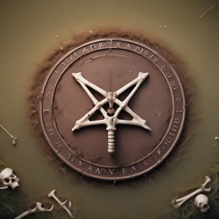 Photography.
score_9, score_8_up, score_8, score_9, masterpiece, ultra high quality, hd render, satan, satan symbols, pentagram, no humans, pentagram made of bones, bones on grass, view from above