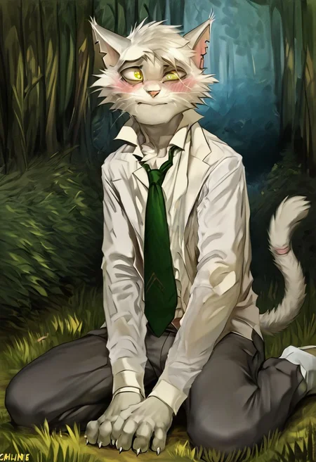 Virgil[lackadaisy], Virgil, White cat, white body, yellow eyes, thin eyebrows, eyebrows,  (male anthro cat:1.3).
Solo, alone, by himself, 1boy, male.
athletic, athletic body, muscles. (athletic body), (albino body:1.1),
Realistic, Furry, Animalistic features, Anthro, Detailed, Shaded,
1920s clothing, shirt collar up, long coat, large green tie, necktie, green necktie, messy fur, furry, no humans, rip in ear, eye bags, messy hair, fluffy, grey coat, white shirt, grey pants, pants, grey trousers, trousers,
Realistic, Animalistic features, Anthro, Detailed, Shaded.
HD, digital painting, digital art, masterpiece.
Sitting, sitting down, on ground, legs open. blushing, 
outside, forest, trees, woods, grass, plants, grassy floor (inside:1.35). 
closed mouth, embarrassed, scared emotion, (blushing:0.5).
HD, digital painting, digital art, masterpiece ((full length portrait)), digital drawing (artwork), digital media (artwork), hi res.  negative_hand.