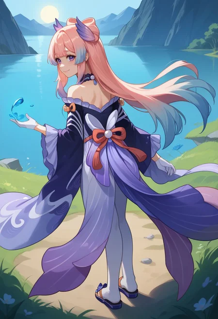 score_9, score_8_up, score_7_up, source_anime, 1girl, kokomidef, purple eyes, pink hair, long hair, gradient hair, multicolored hair, sidelocks, blunt bangs, bow-shaped hair, hair ornament, choker, bare shoulders, detached sleeves, frills, frilled sleeves, wide sleeves, long sleeves, white gloves, half gloves, white thighhighs, sandals, smile, closed mouth, standing, looking at viewer, outdoors, lake, pearls, shell, grass, sun, from behind, back, looking back, <lora:Kokomi_v1-000010:1>