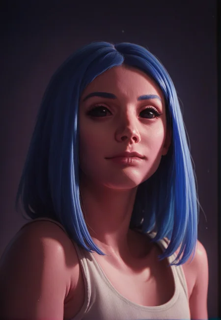 ((Closed mouth)), happy<lora:Joi2049:0.9> joi2049, 1girl, black eyes, portrait, pink skin, dark background, neon, blue hair<lora:sinfully_stylish_PONY_0.2:0.5> dramatic lighting, score_9, score_8_up, score_7_up, score_6_up